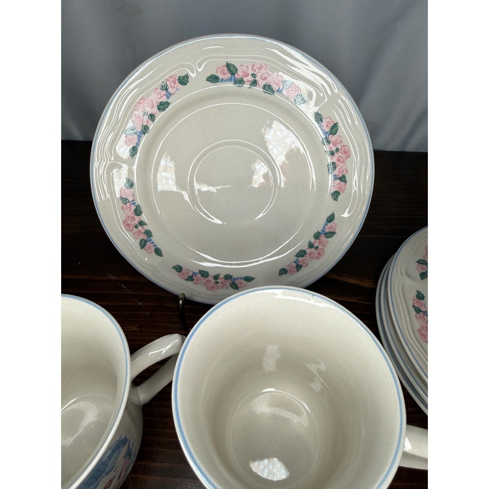 VTG Tienshan Stoneware Pig Pal Tea Set 4 Mugs 4 Saucers Country Farmhouse - Picture 3 of 14